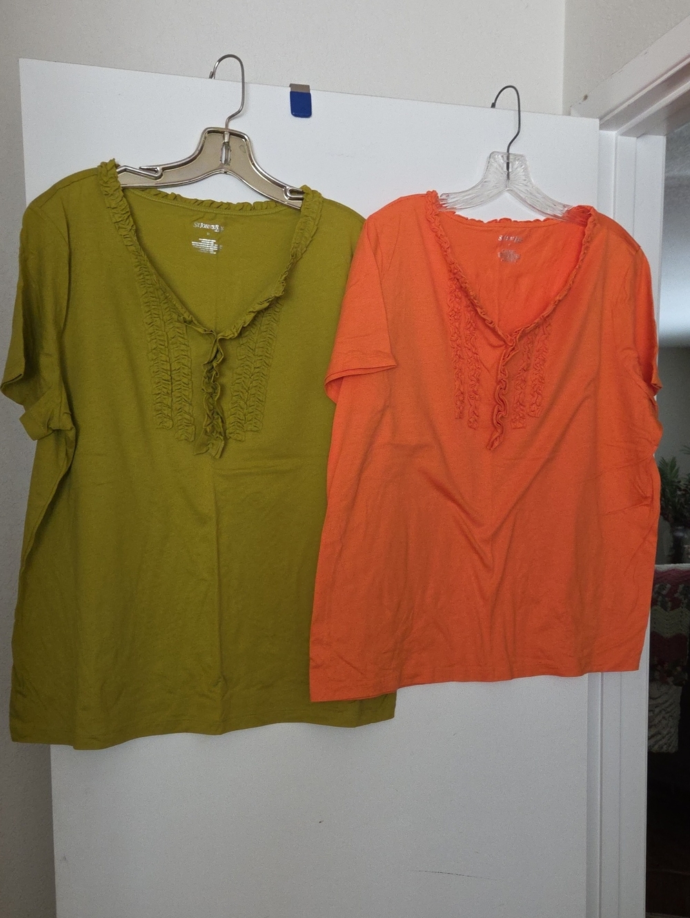 St. John's Bay Ruffle V-Neck Tees in Olive Green and Orange